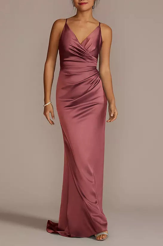 Stretch Satin Column V-Neck Sleeveless Bridesmaid Dress-F0313051