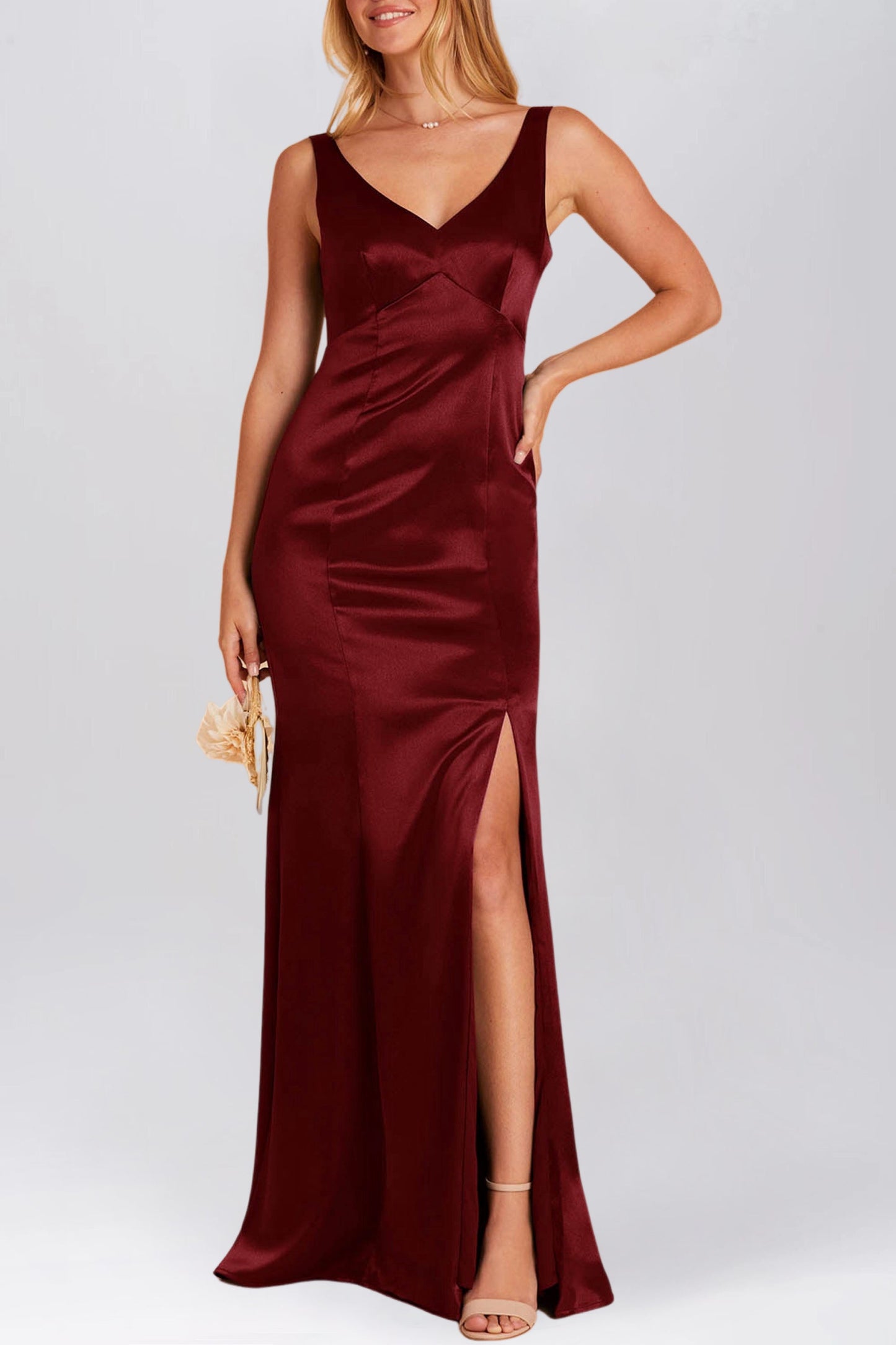 Stretch Satin Column V-Neck Sleeveless Bridesmaid Dress-F0313052