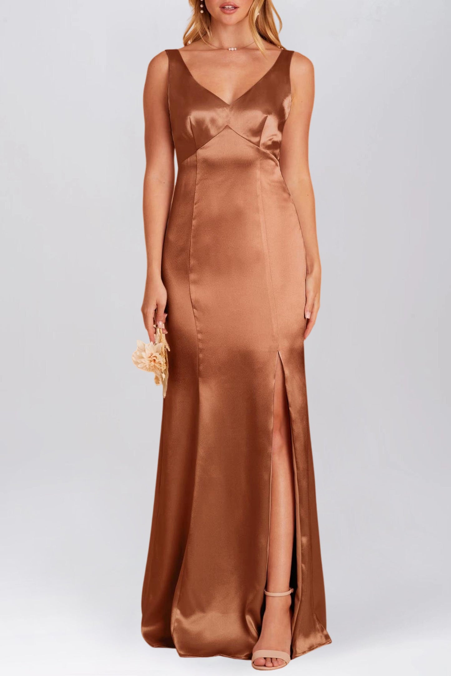 Stretch Satin Column V-Neck Sleeveless Bridesmaid Dress-F0313052