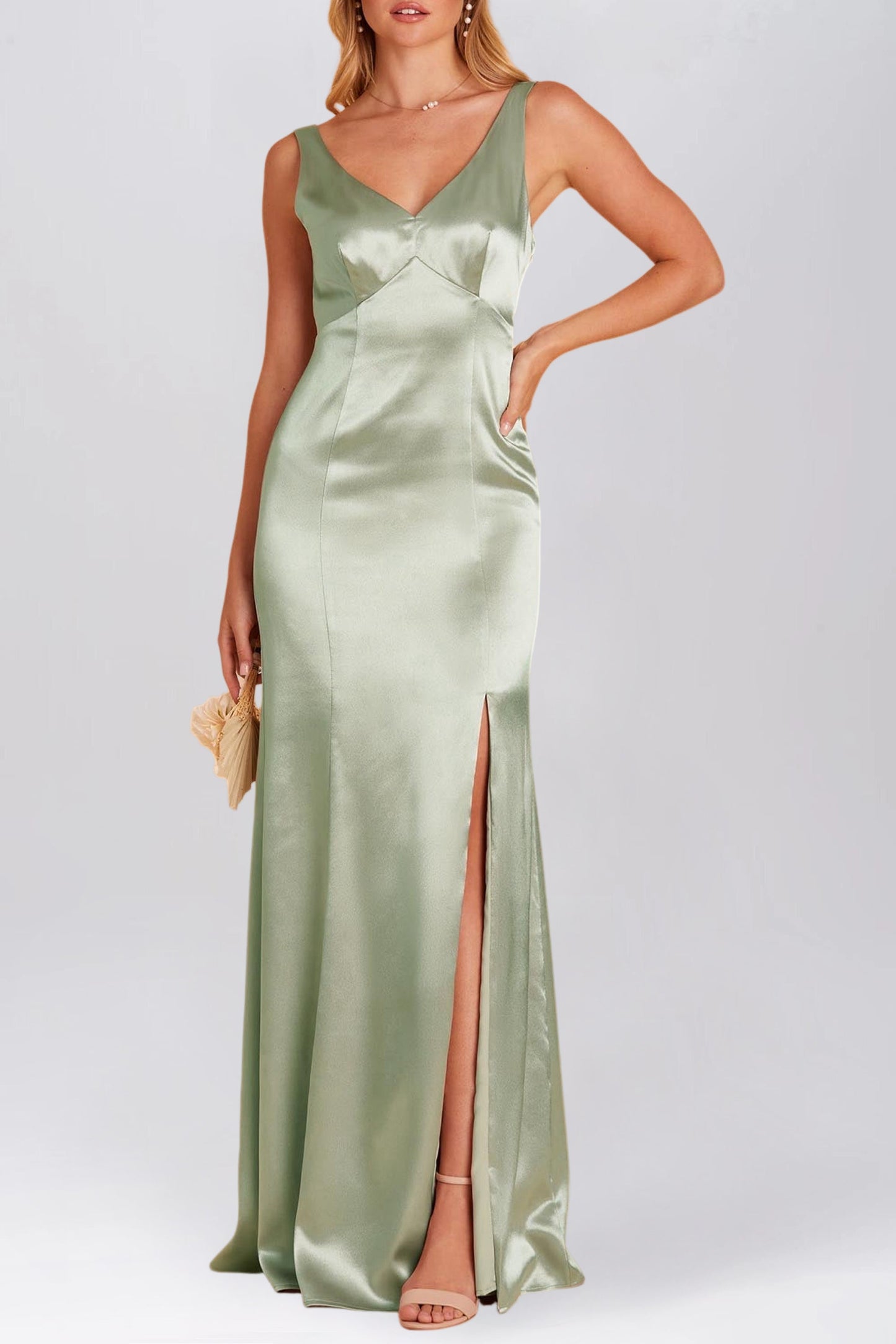 Stretch Satin Column V-Neck Sleeveless Bridesmaid Dress-F0313052