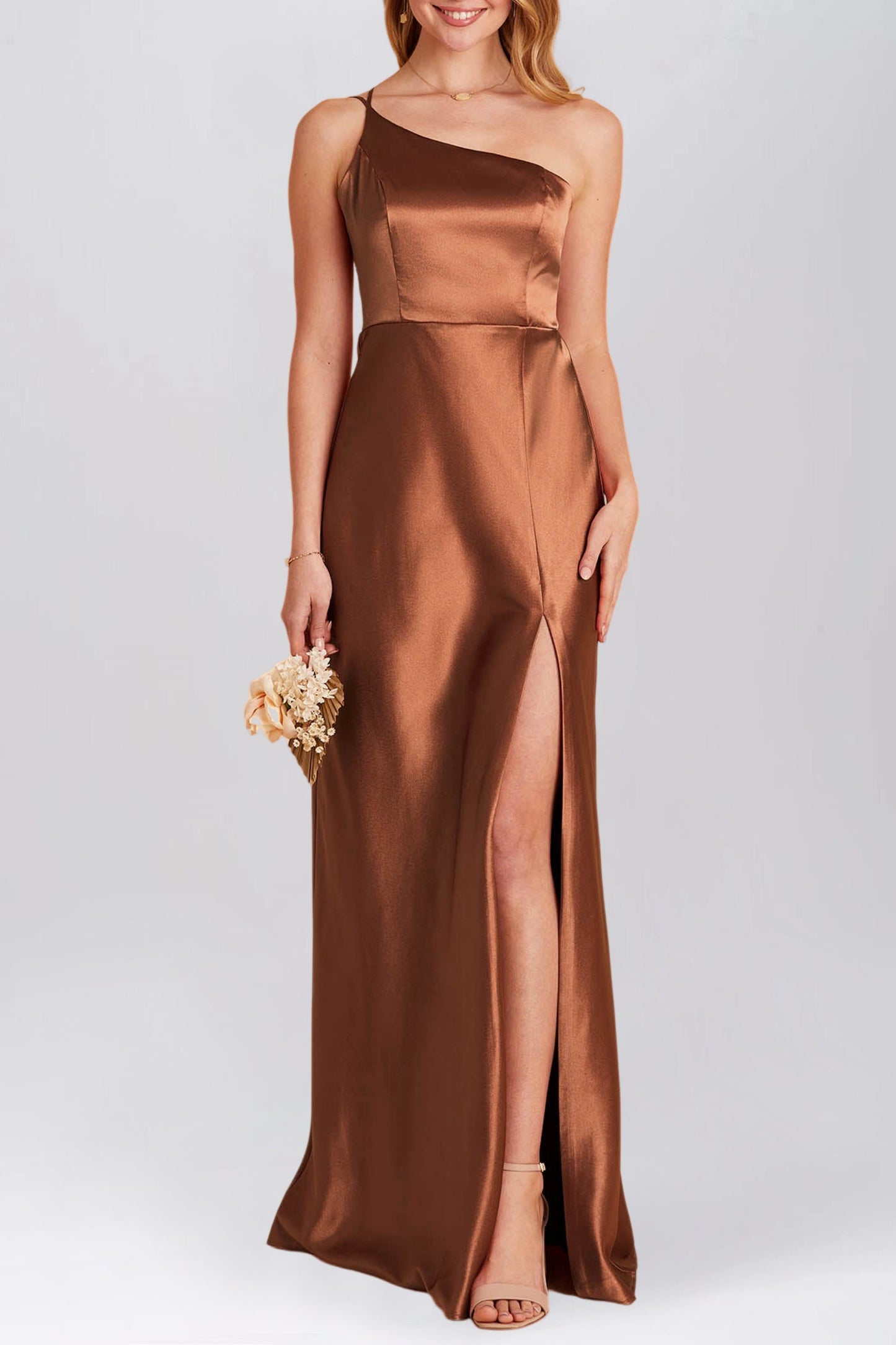 Stretch Satin Column One Shoulder Sleeveless Bridesmaid Dress-F0313053