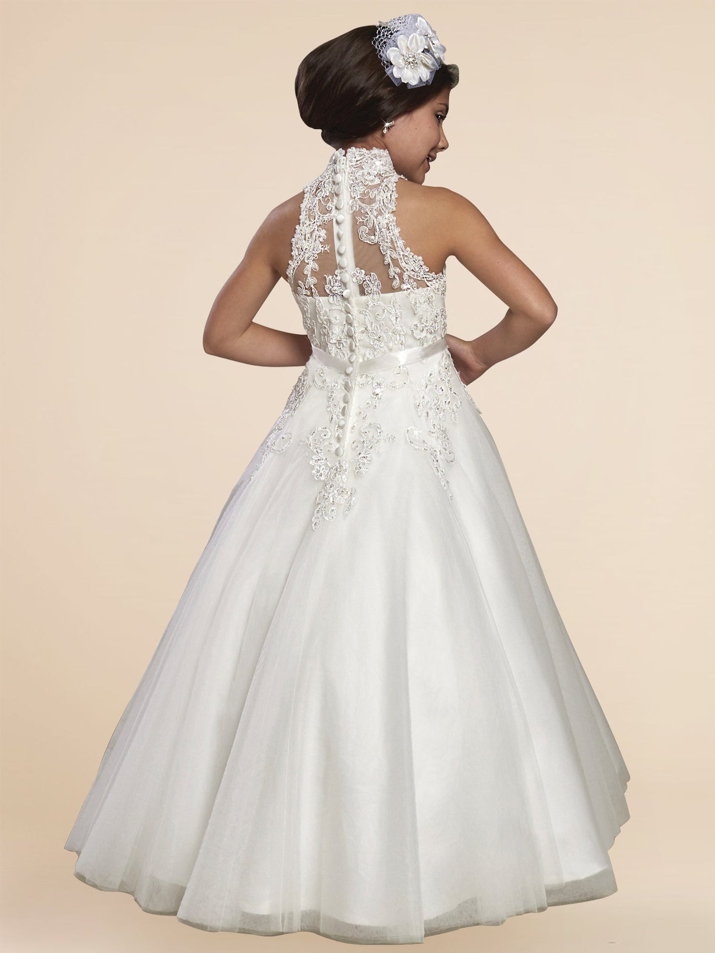 Lace A-Line Stand Collar Sleeveless Flower Girl Dress-F500003