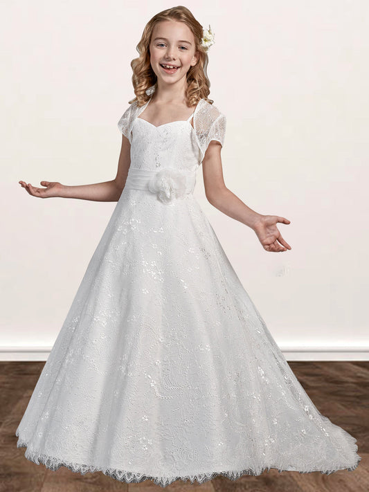 Lace A-Line Spaghetti Straps Sleeveless Flower Girl Dress-F500023