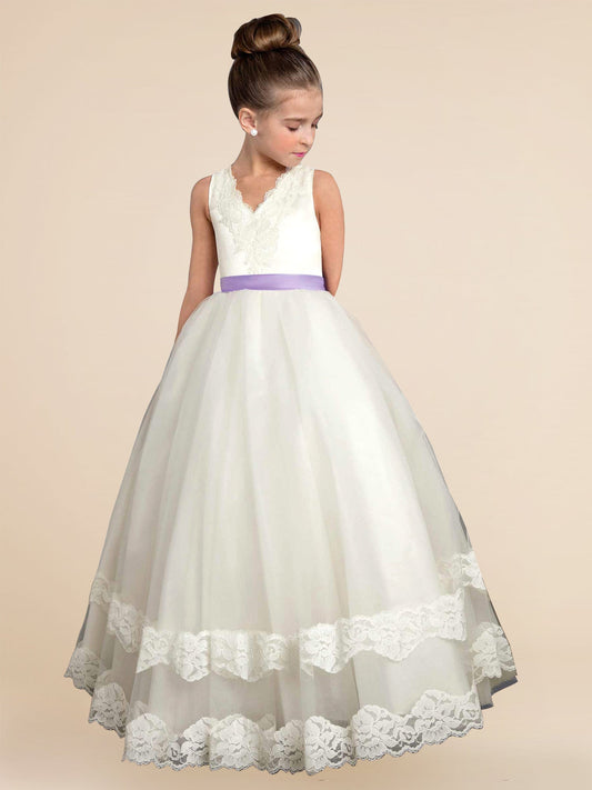 Lace V-Neck Sleeveless Flower Girl Dress