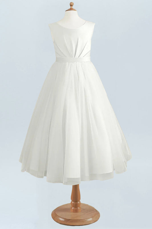 Satin A-Line Scoop Neck Half Sleeves Floweer Girl Dress-F500122