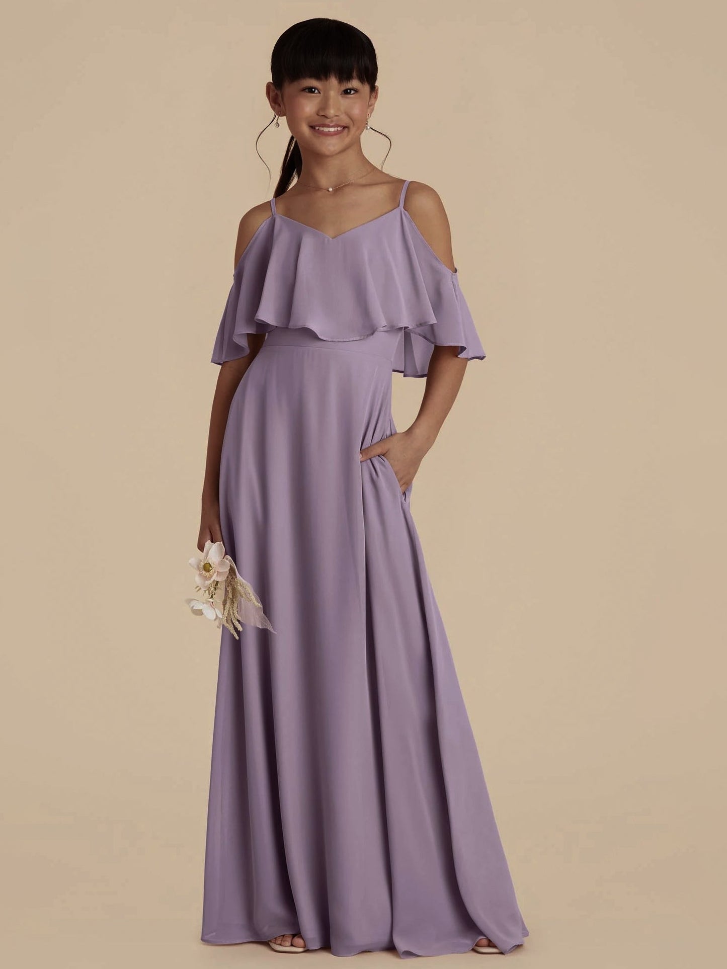 Chiffon A-Line Spaghetti Straps Half Sleeves Junior Dress-FJ00001