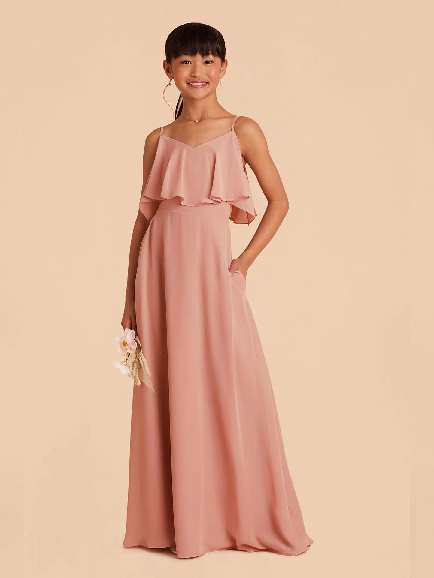 Chiffon A-Line Spaghetti Straps Half Sleeves Junior Dress-FJ00001