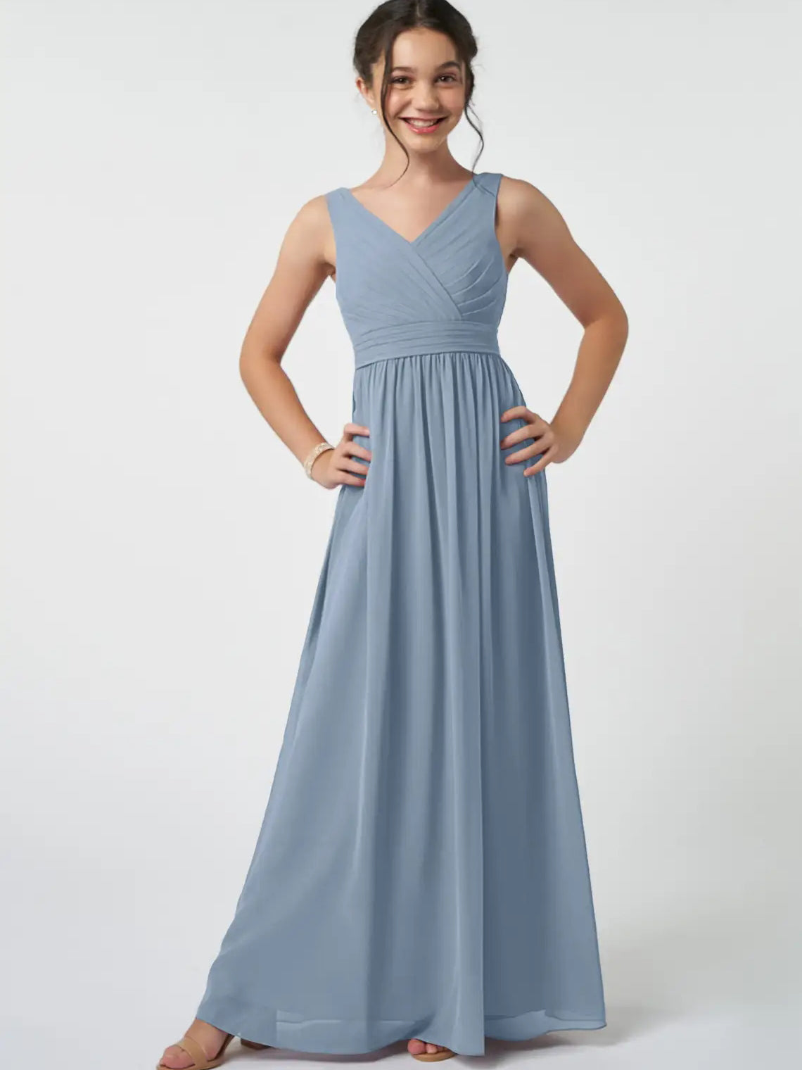 Chiffon A-Line V-Neck Sleeveless Junior Dress-FJ00007