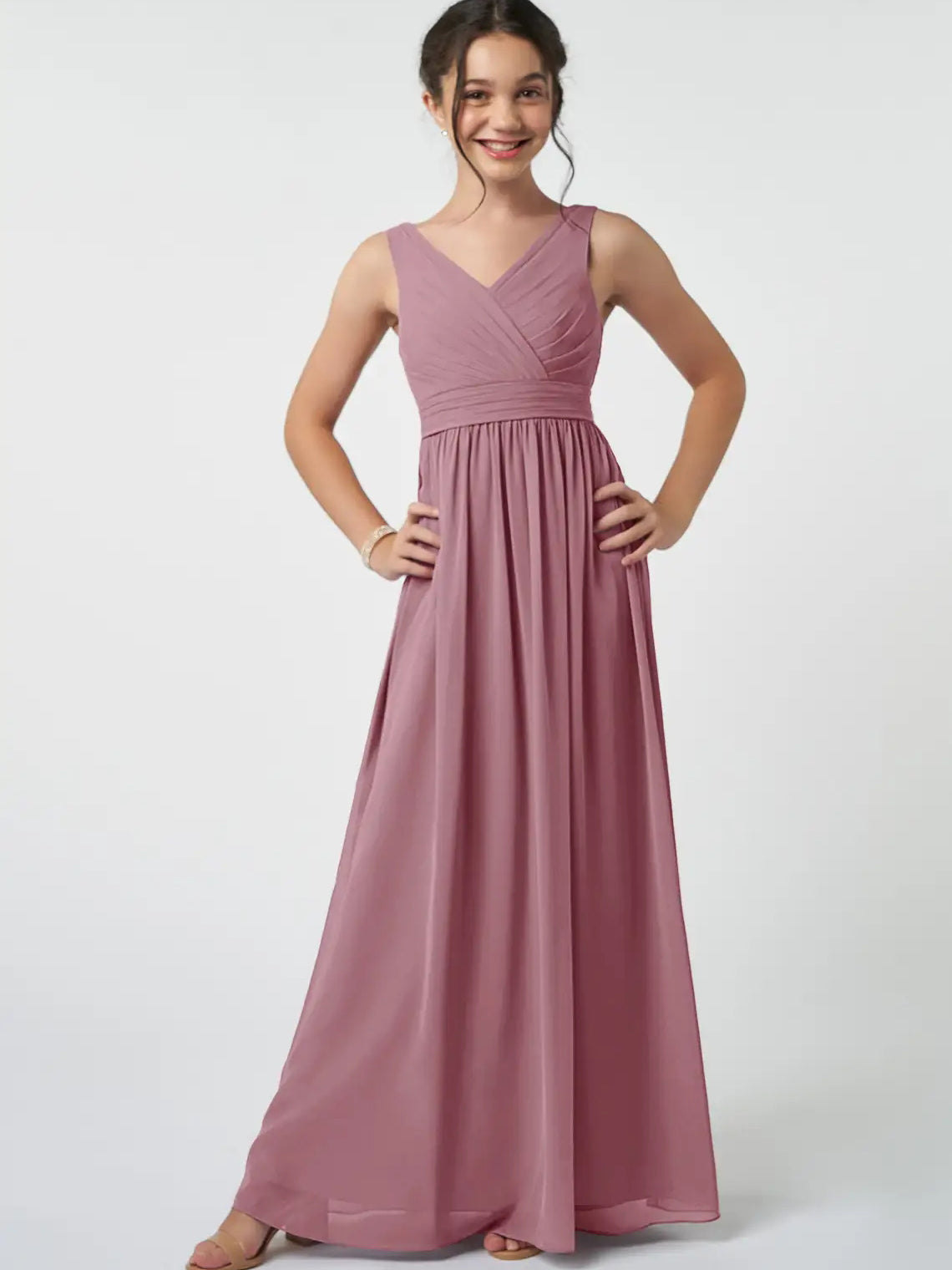 Chiffon A-Line V-Neck Sleeveless Junior Dress-FJ00007