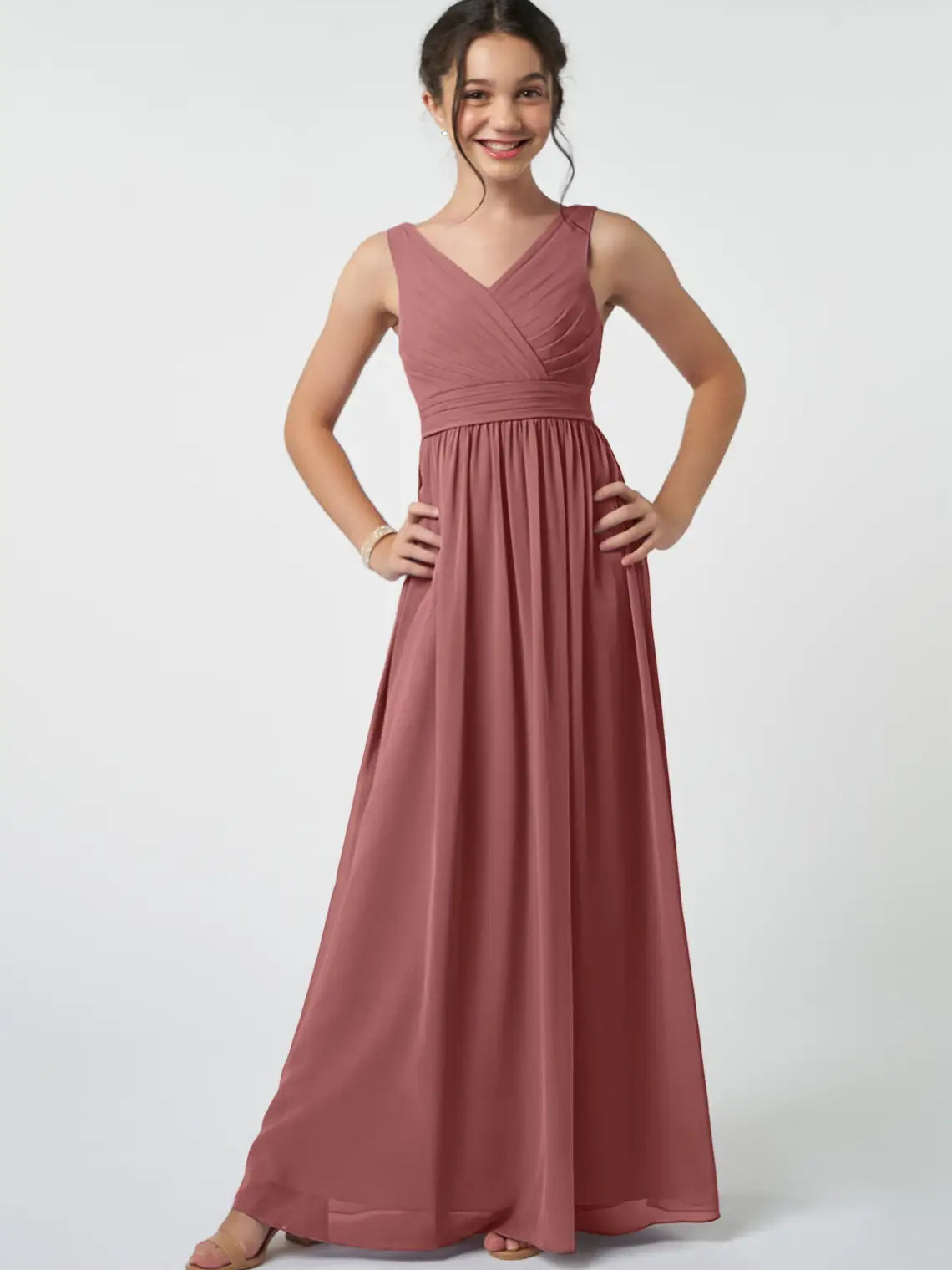 Chiffon A-Line V-Neck Sleeveless Junior Dress-FJ00007
