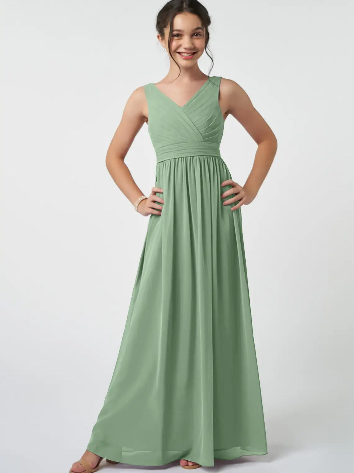 Chiffon A-Line V-Neck Sleeveless Junior Dress-FJ00007