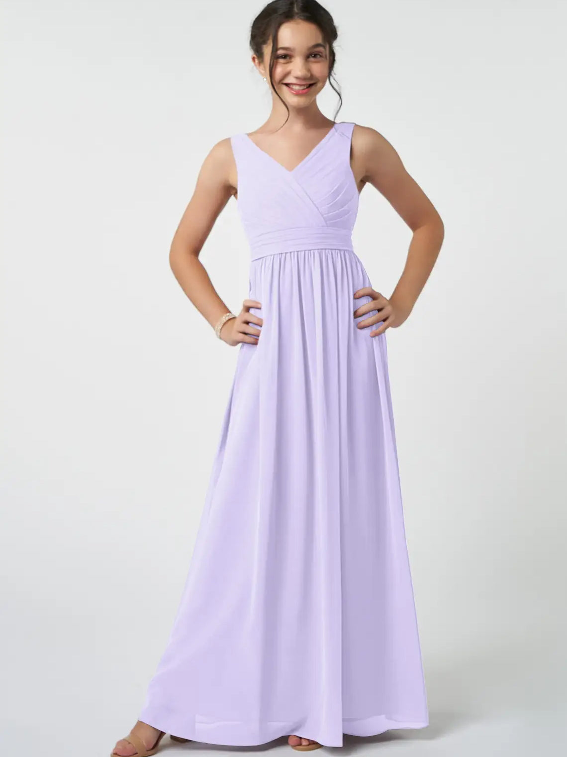 Chiffon A-Line V-Neck Sleeveless Junior Dress-FJ00007
