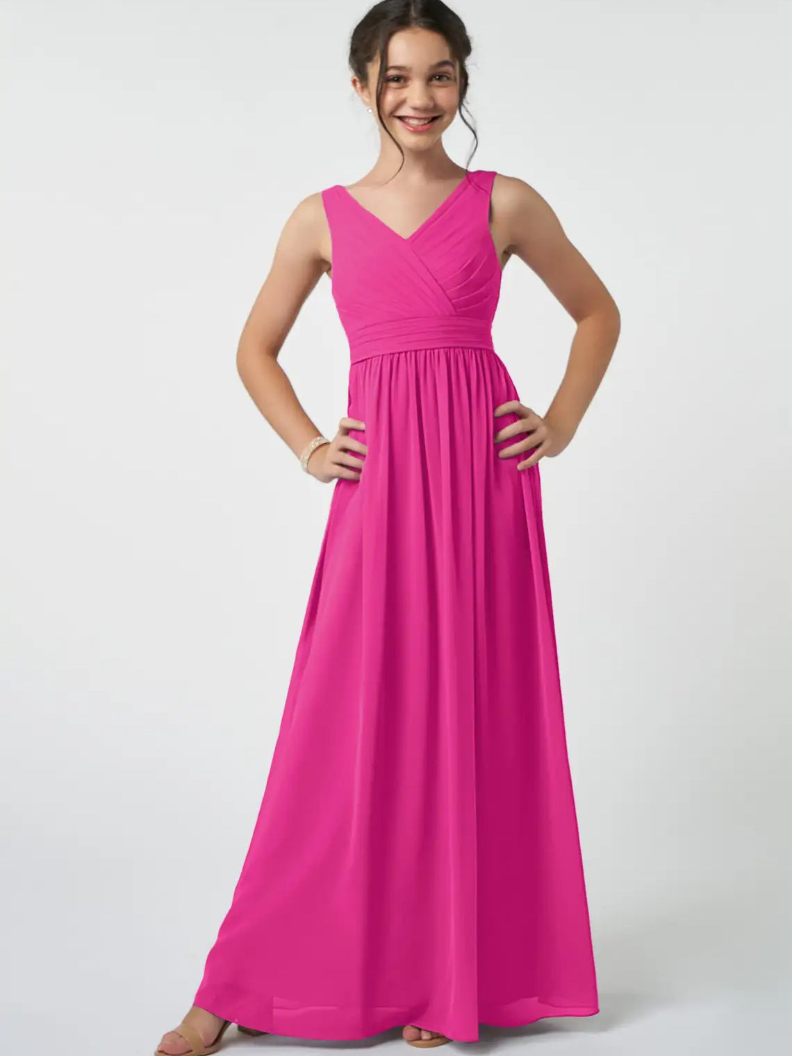 Chiffon A-Line V-Neck Sleeveless Junior Dress-FJ00007