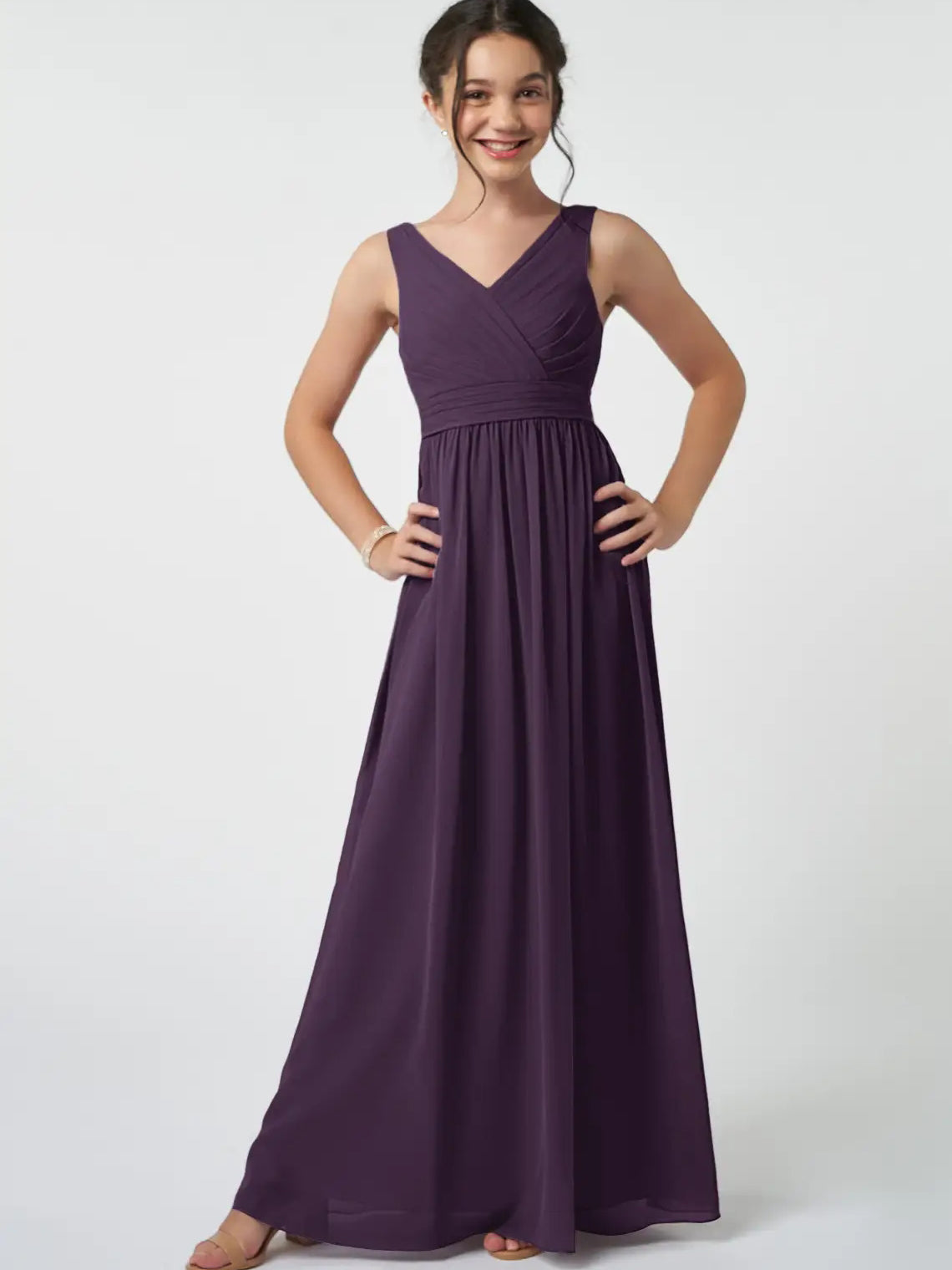 Chiffon A-Line V-Neck Sleeveless Junior Dress-FJ00007