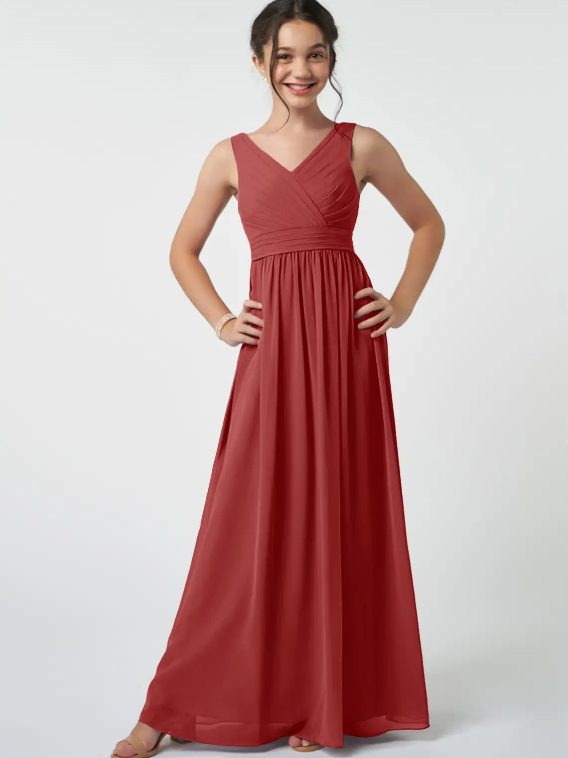Chiffon A-Line V-Neck Sleeveless Junior Dress-FJ00007