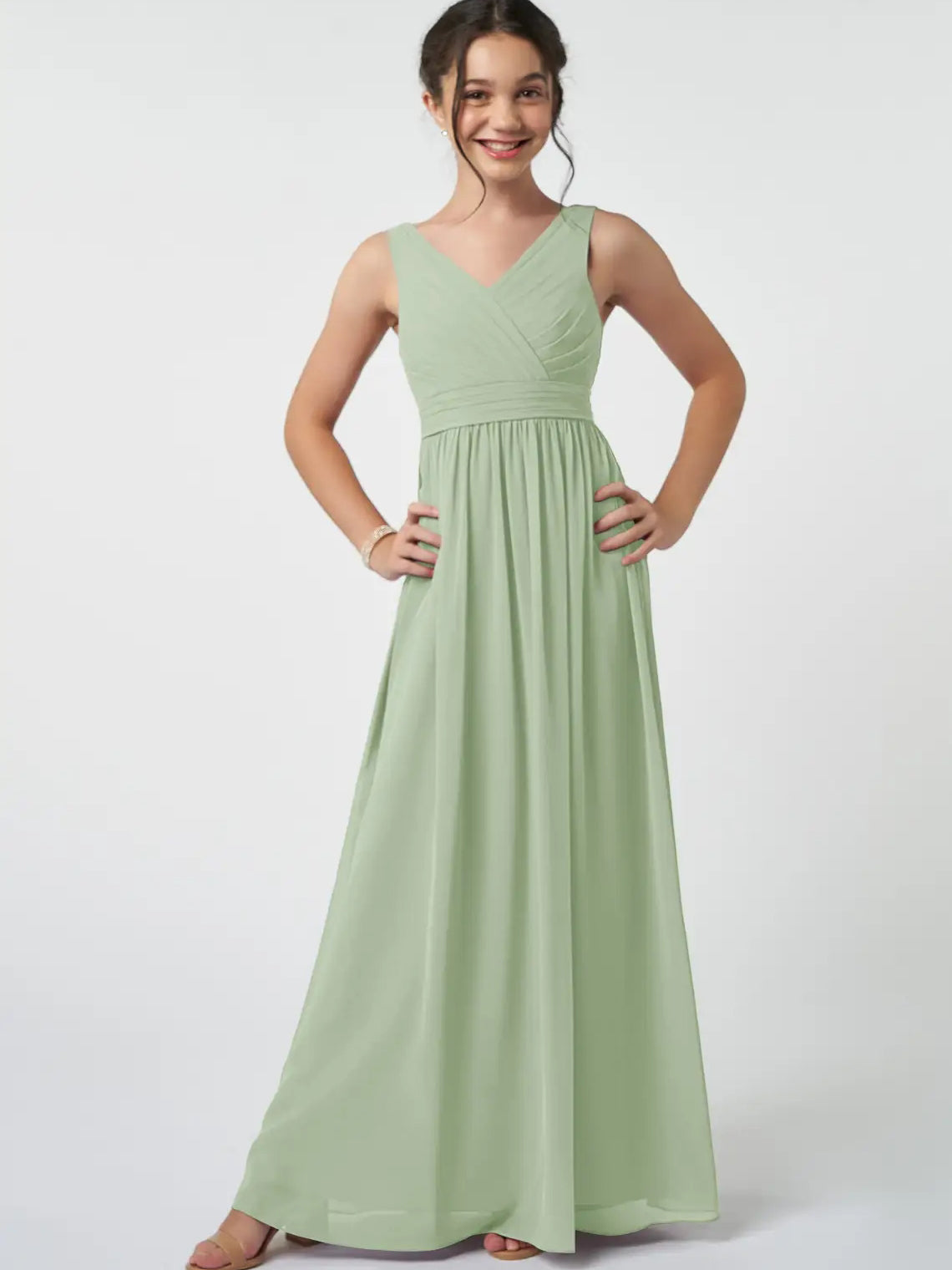 Chiffon A-Line V-Neck Sleeveless Junior Dress-FJ00007