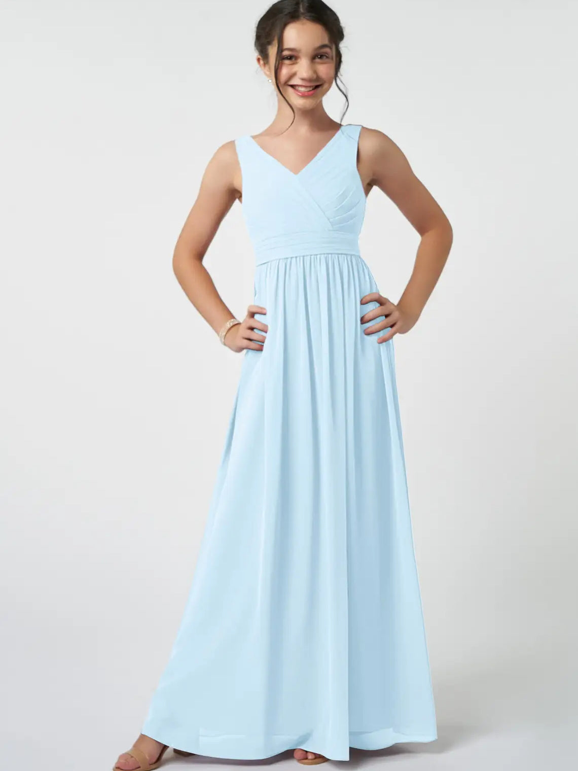Chiffon A-Line V-Neck Sleeveless Junior Dress-FJ00007