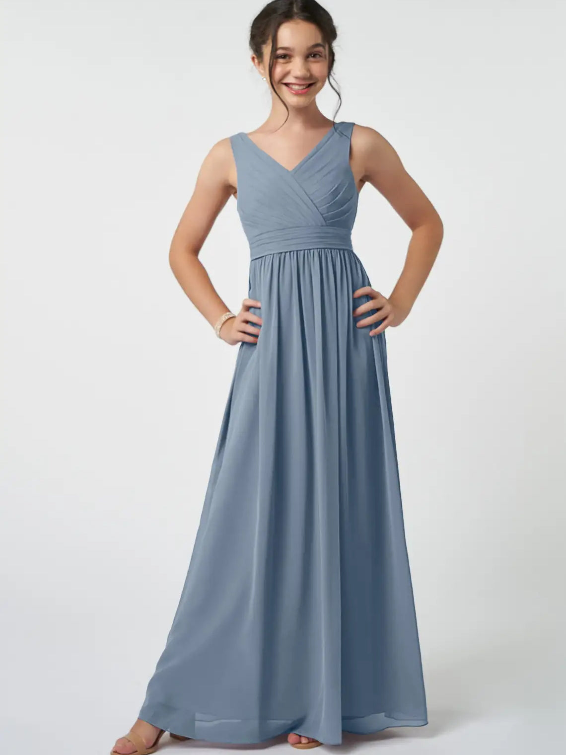 Chiffon A-Line V-Neck Sleeveless Junior Dress-FJ00007