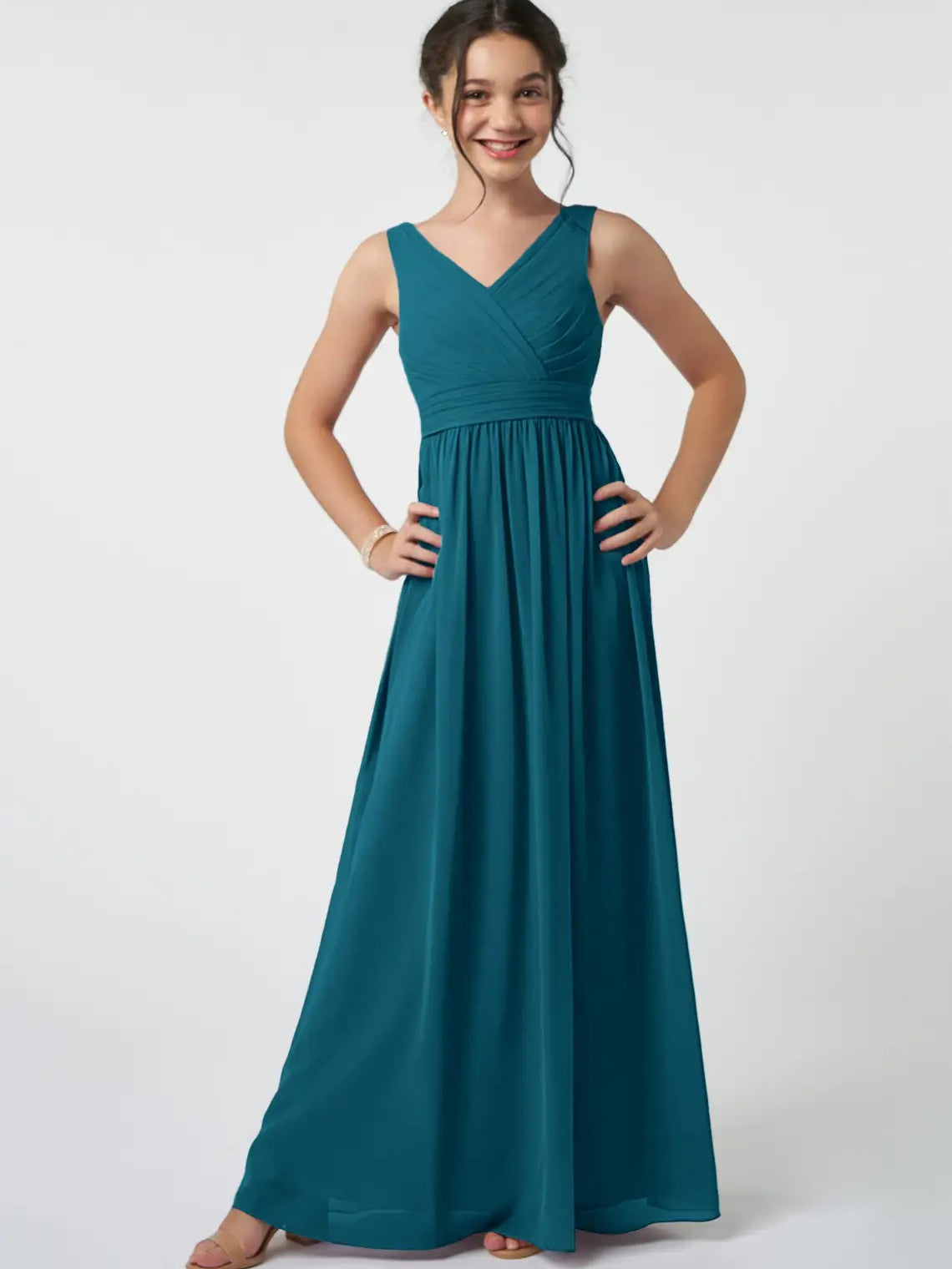 Chiffon A-Line V-Neck Sleeveless Junior Dress-FJ00007