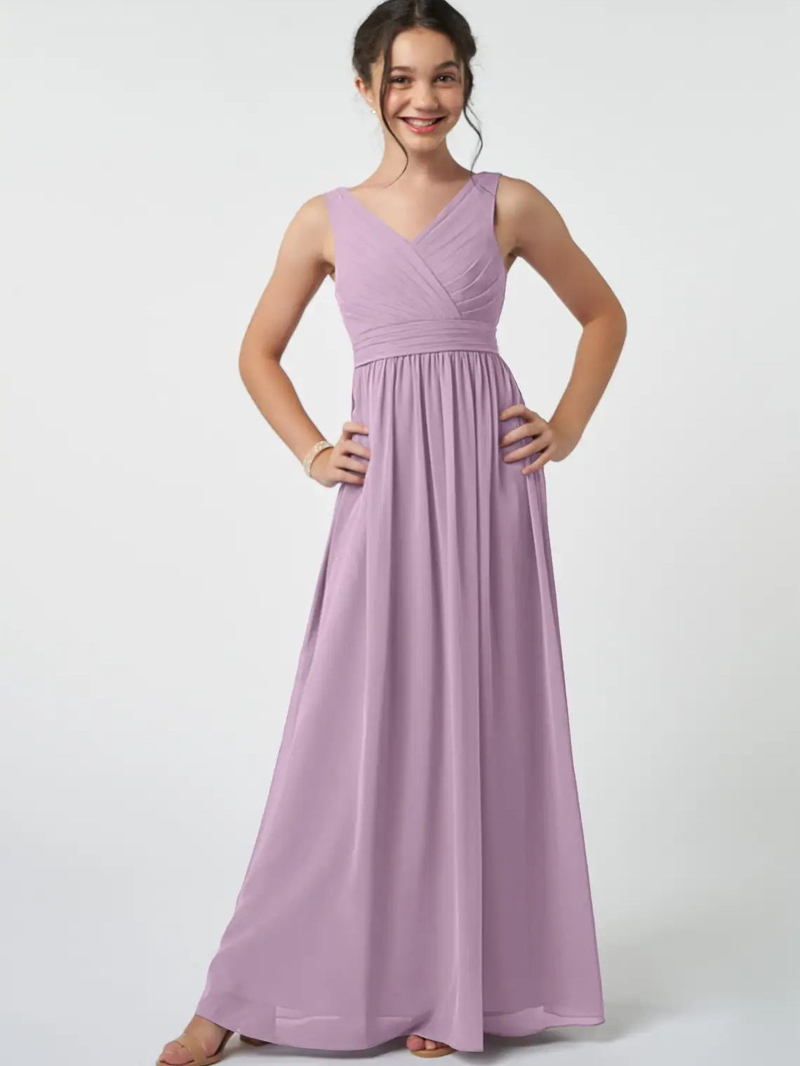 Chiffon A-Line V-Neck Sleeveless Junior Dress-FJ00007