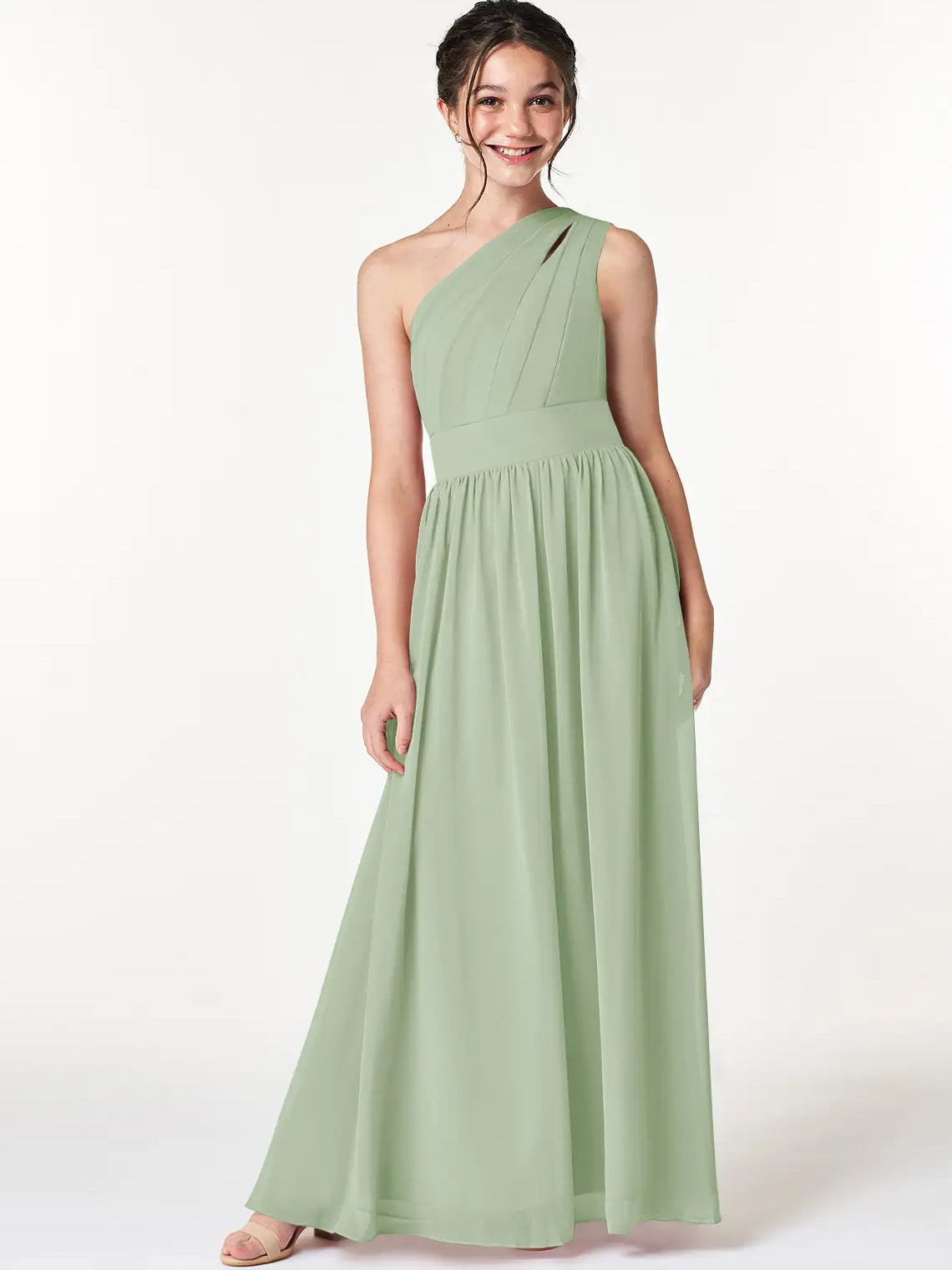 Chiffon A-Line One Shoulder Sleeveless Junior Dress-FJ00009
