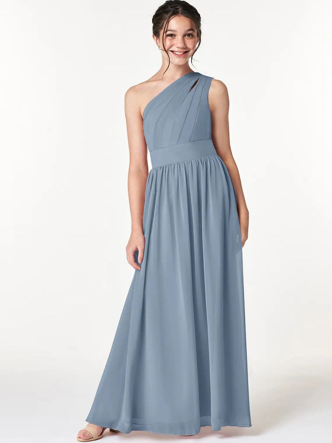 Chiffon A-Line One Shoulder Sleeveless Junior Dress-FJ00009