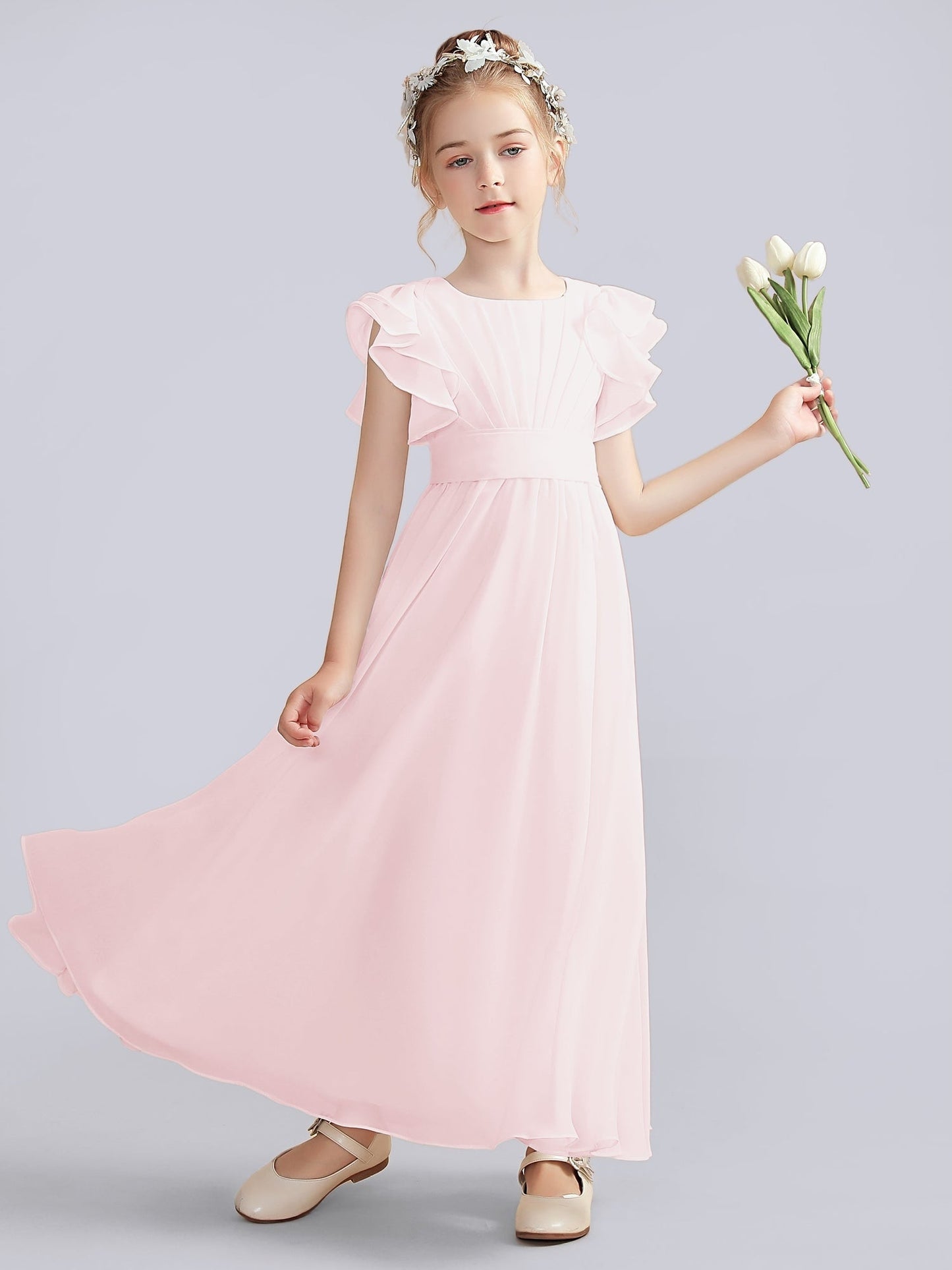 Chiffon A-Line Scoop Neck Half Sleeves Junior Dress-FJ00013