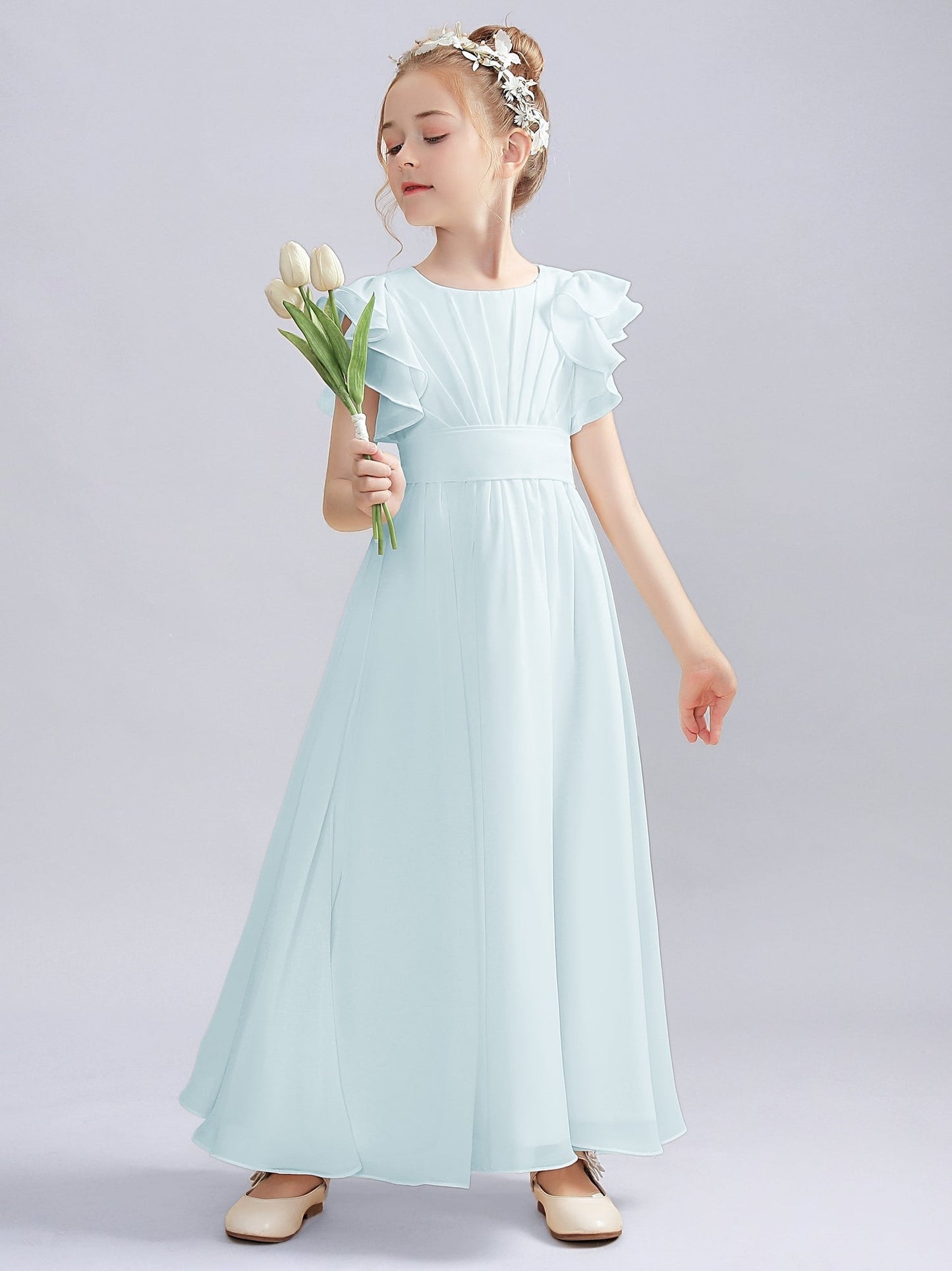 Chiffon A-Line Scoop Neck Half Sleeves Junior Dress-FJ00013