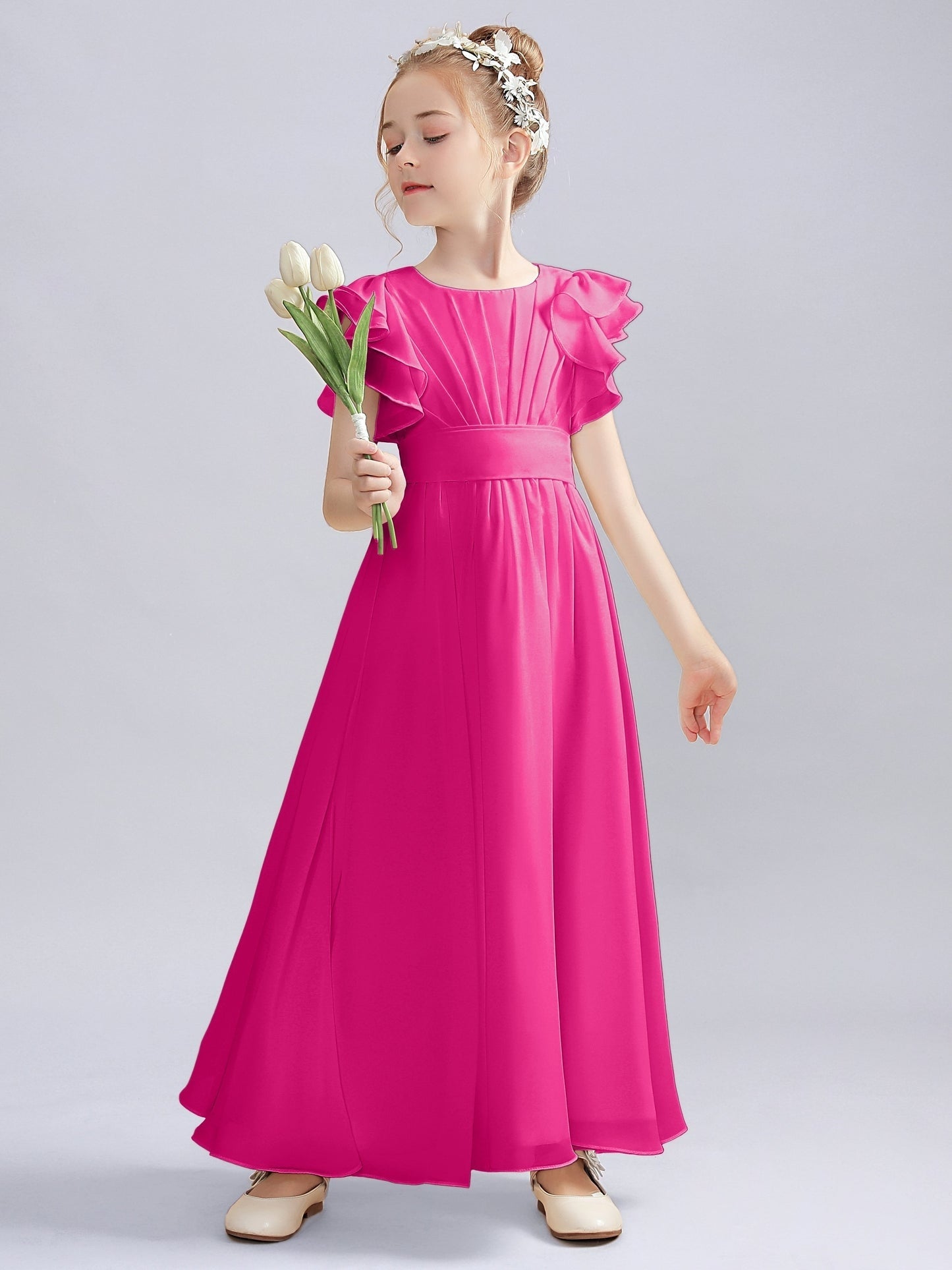 Chiffon A-Line Scoop Neck Half Sleeves Junior Dress-FJ00013