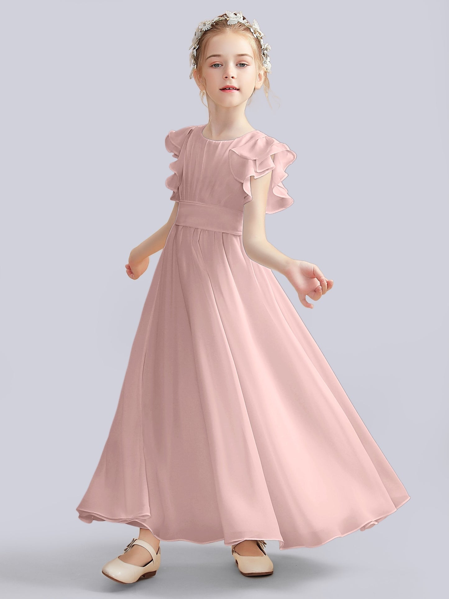 Chiffon A-Line Scoop Neck Half Sleeves Junior Dress-FJ00013