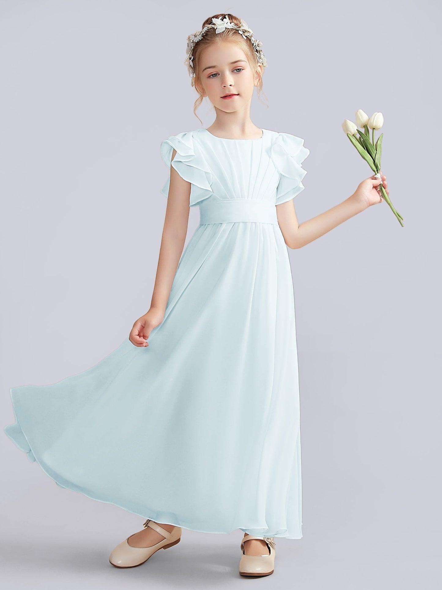 Chiffon A-Line Scoop Neck Half Sleeves Junior Dress-FJ00013