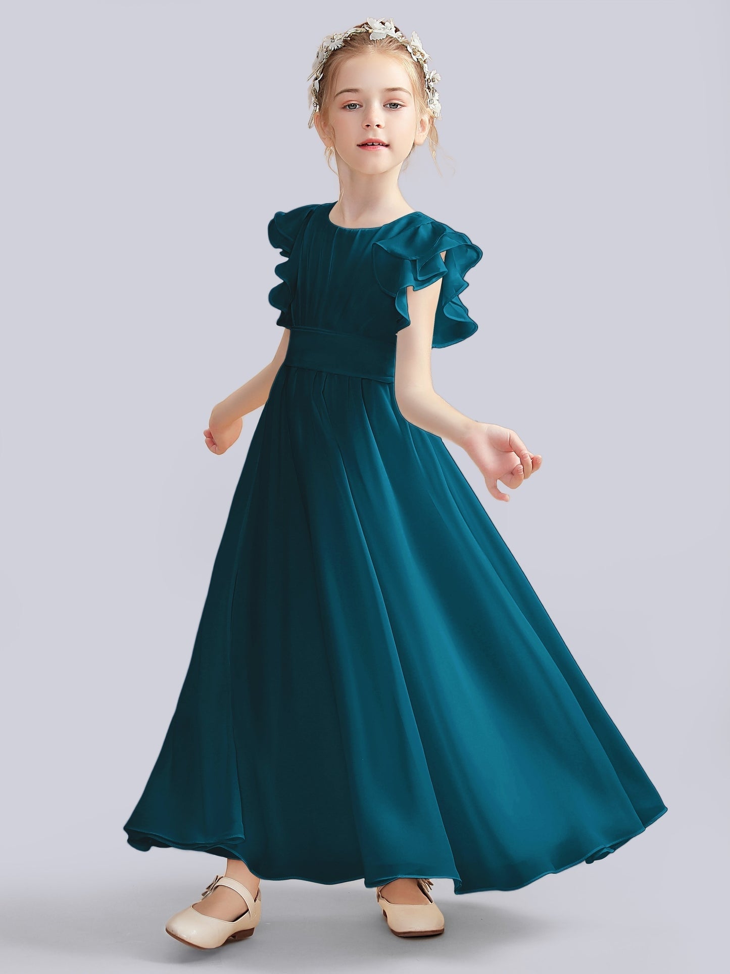 Chiffon A-Line Scoop Neck Half Sleeves Junior Dress-FJ00013