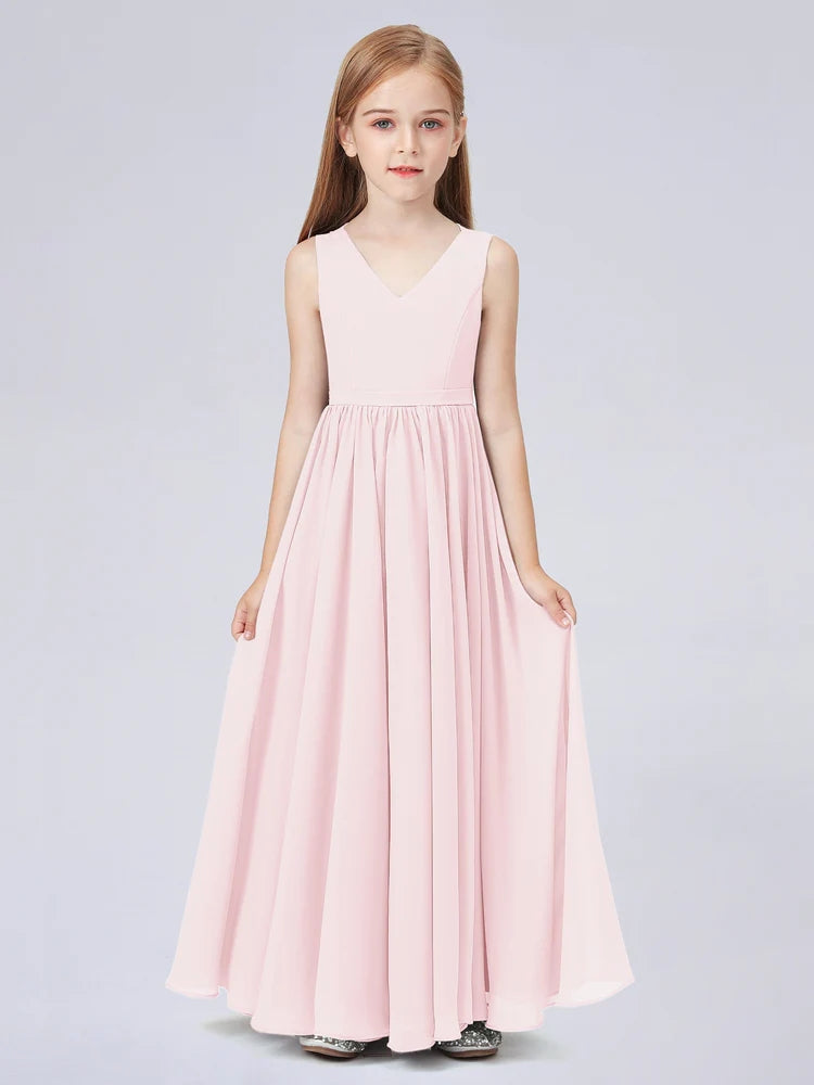 Chiffon A-Line V-Neck Sleeveless Junior Dress-FJ00016