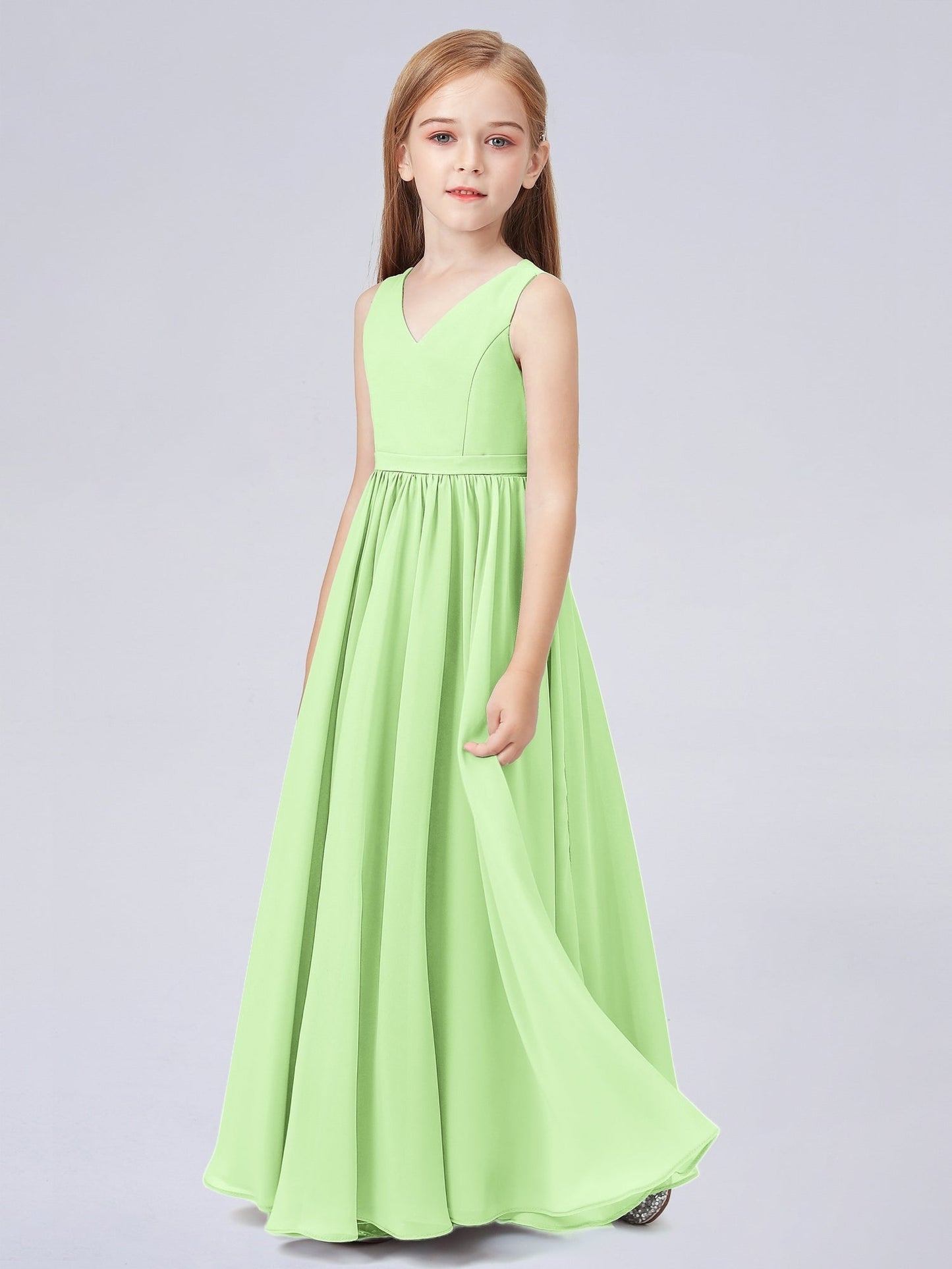Chiffon A-Line V-Neck Sleeveless Junior Dress-FJ00016