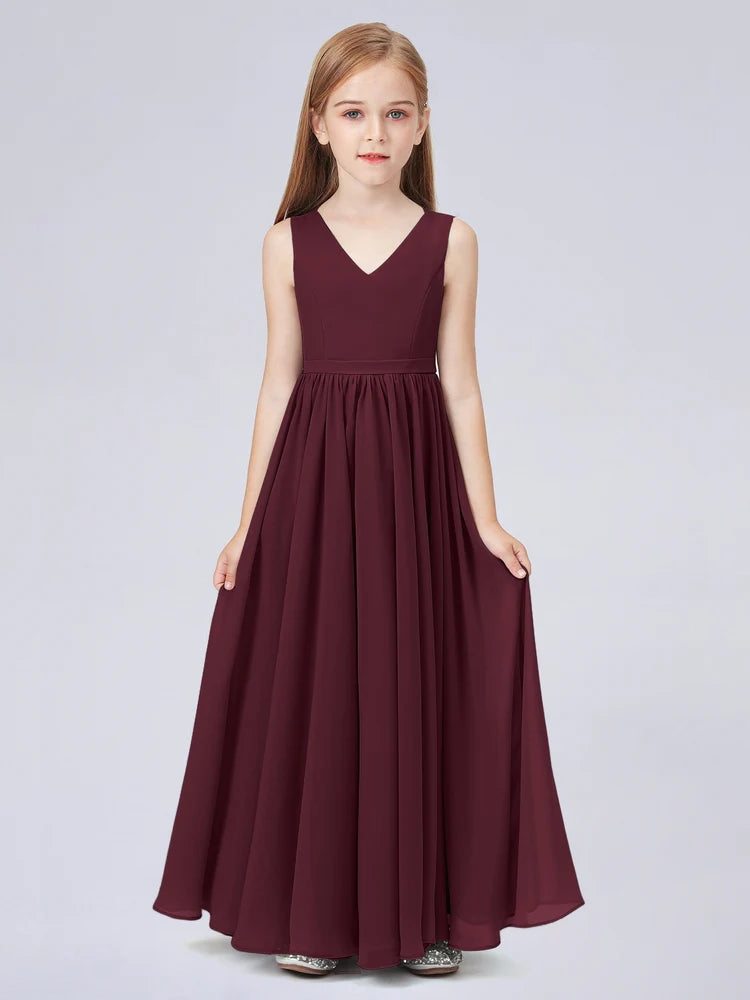 Chiffon A-Line V-Neck Sleeveless Junior Dress-FJ00016