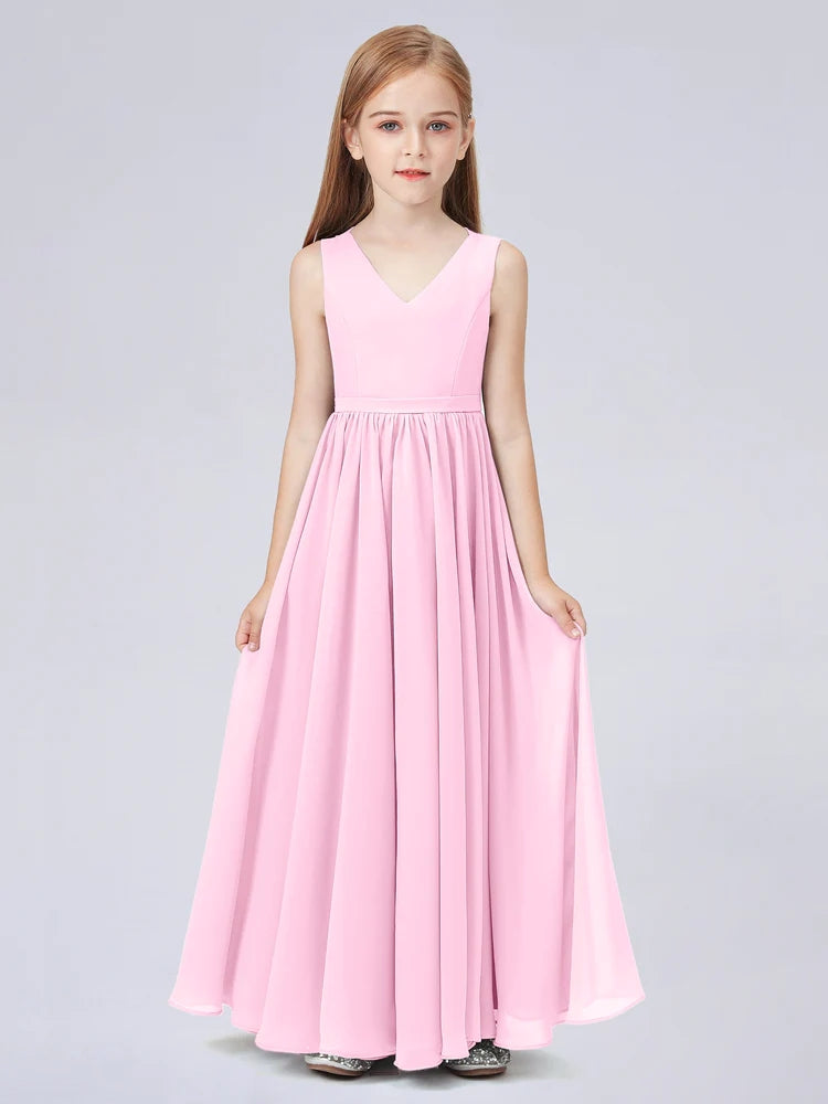 Chiffon A-Line V-Neck Sleeveless Junior Dress-FJ00016