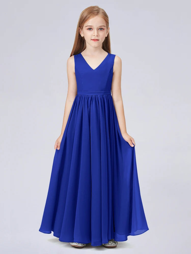 Chiffon A-Line V-Neck Sleeveless Junior Dress-FJ00016