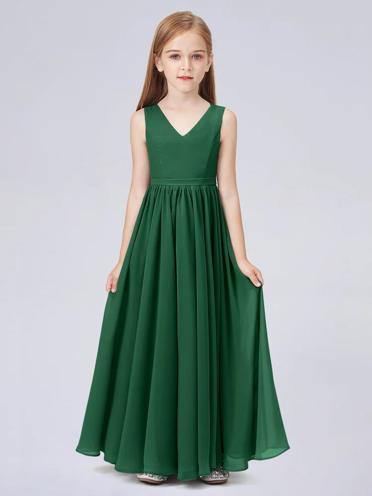 Chiffon A-Line V-Neck Sleeveless Junior Dress-FJ00016