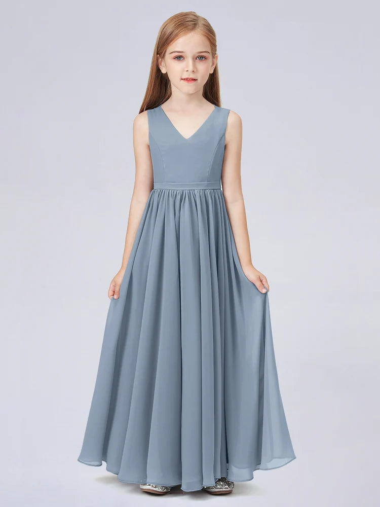 Chiffon A-Line V-Neck Sleeveless Junior Dress-FJ00016