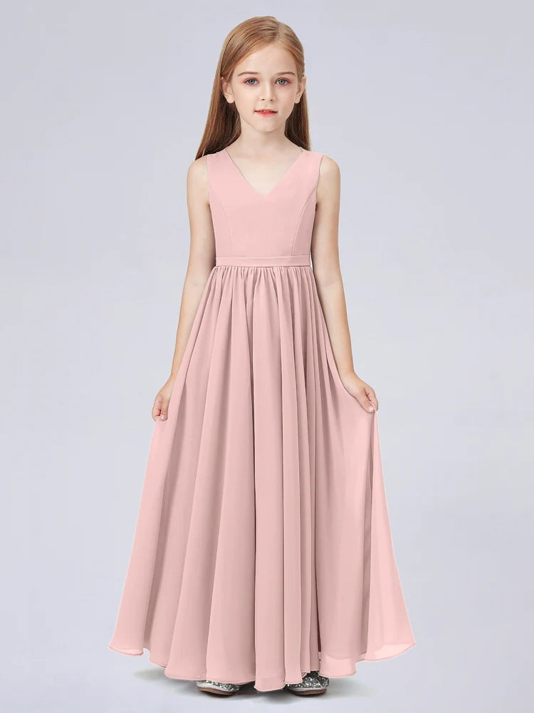 Chiffon A-Line V-Neck Sleeveless Junior Dress-FJ00016