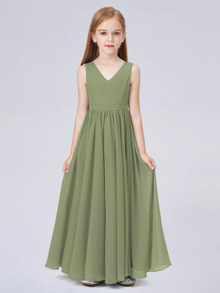 Chiffon A-Line V-Neck Sleeveless Junior Dress-FJ00016