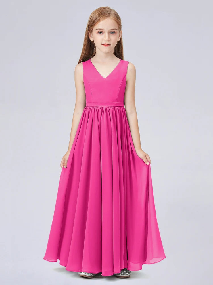 Chiffon A-Line V-Neck Sleeveless Junior Dress-FJ00016