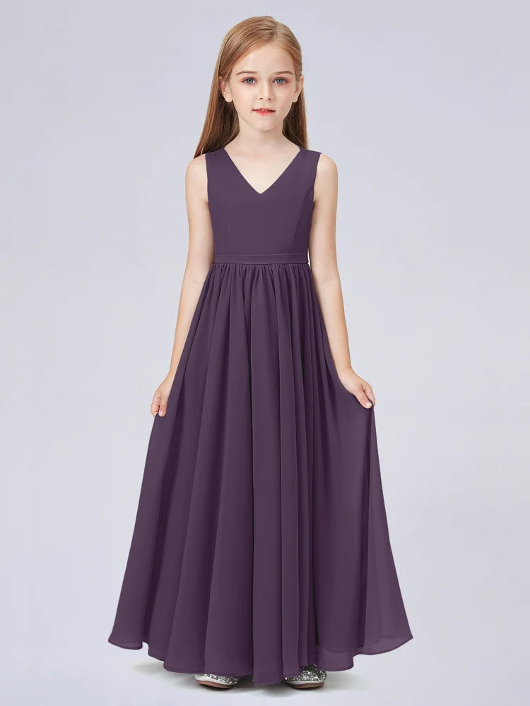 Chiffon A-Line V-Neck Sleeveless Junior Dress-FJ00016