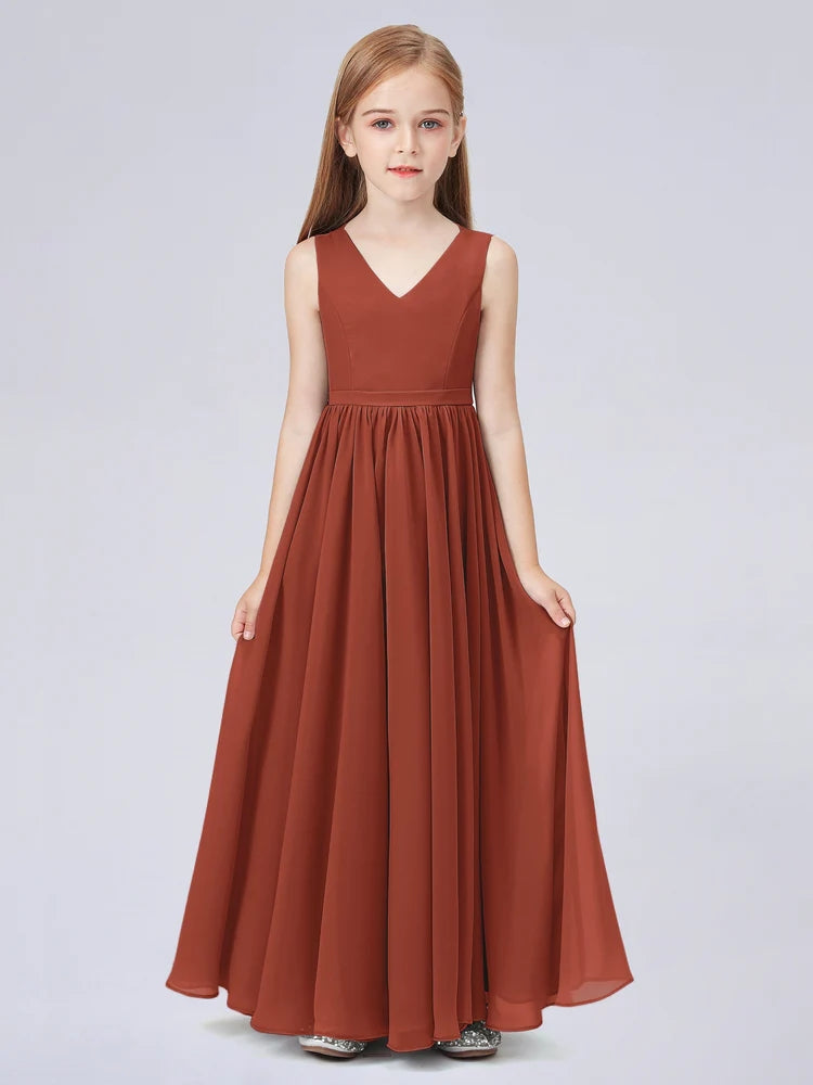 Chiffon A-Line V-Neck Sleeveless Junior Dress-FJ00016