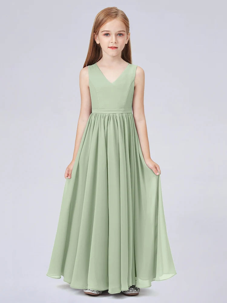 Chiffon A-Line V-Neck Sleeveless Junior Dress-FJ00016
