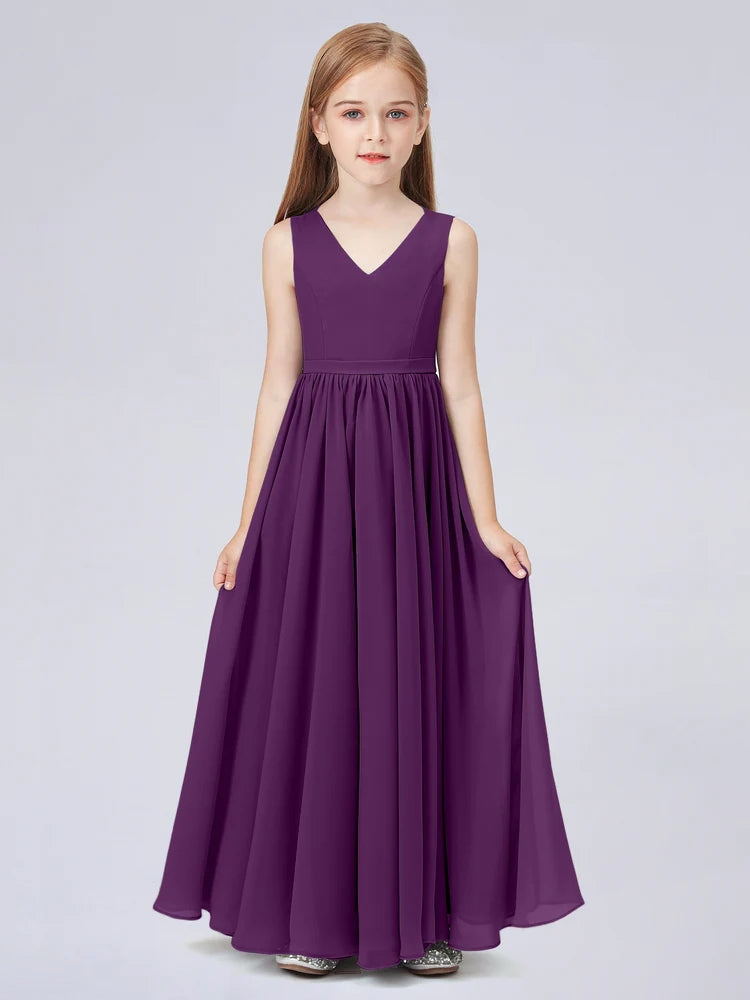 Chiffon A-Line V-Neck Sleeveless Junior Dress-FJ00016