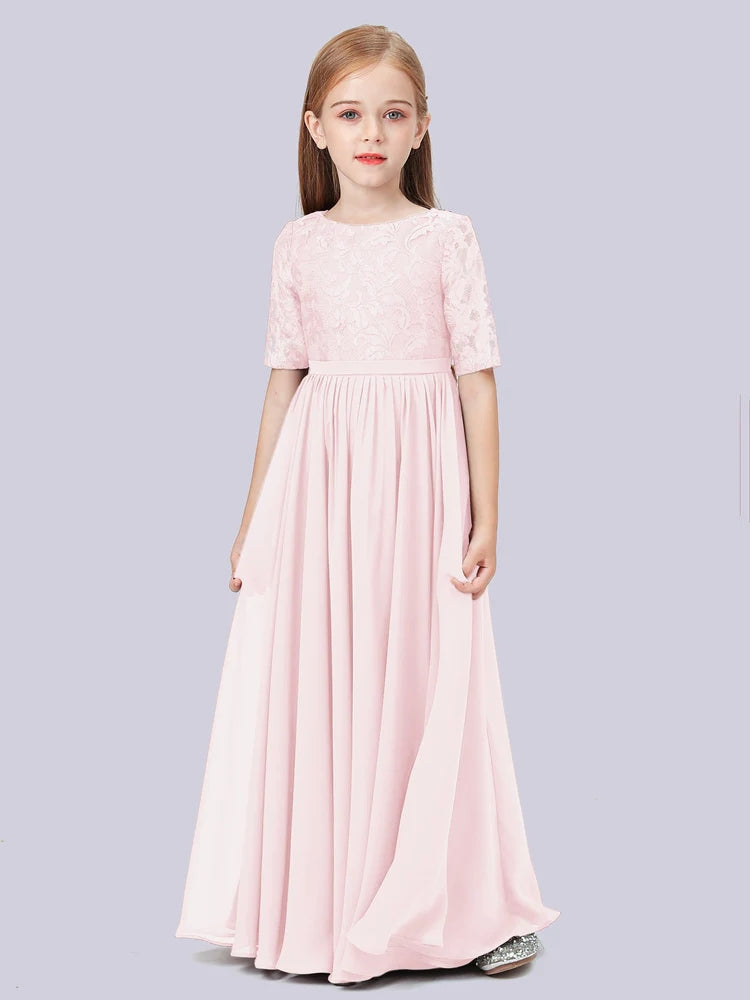 Chiffon A-Line Scoop Neck Half Sleeves Junior Dress-FJ00017
