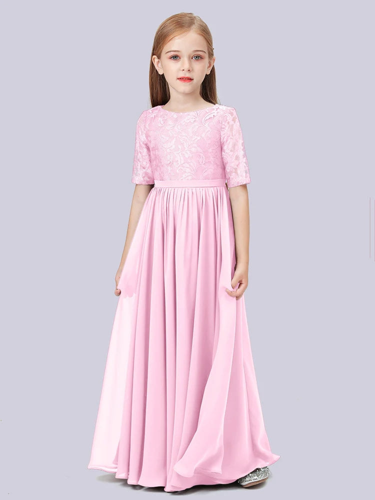 Chiffon A-Line Scoop Neck Half Sleeves Junior Dress-FJ00017
