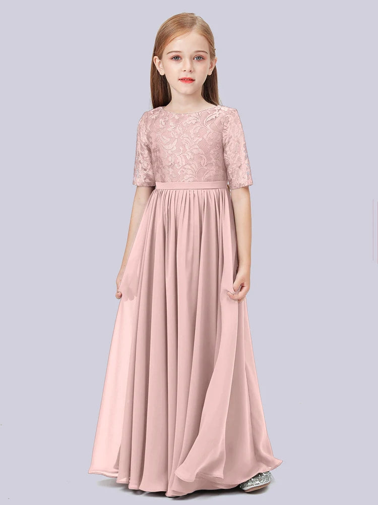 Chiffon A-Line Scoop Neck Half Sleeves Junior Dress-FJ00017