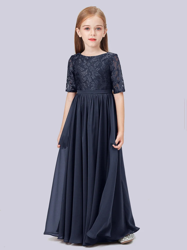 Chiffon A-Line Scoop Neck Half Sleeves Junior Dress-FJ00017